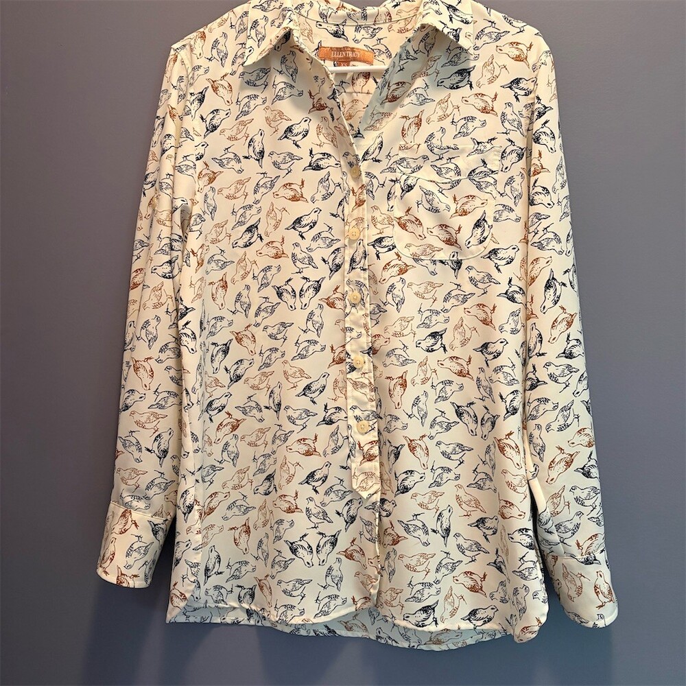Ellen Tracy Button-Up Blouse Womens XS Ivory Bird Print Oversized Long - Picture 1 of 8